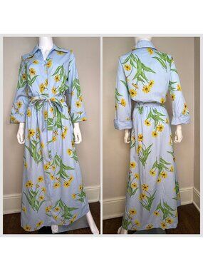 Vintage 1970s Blue Floral Maxi Shirt Dress, Sears Size Large Tall
